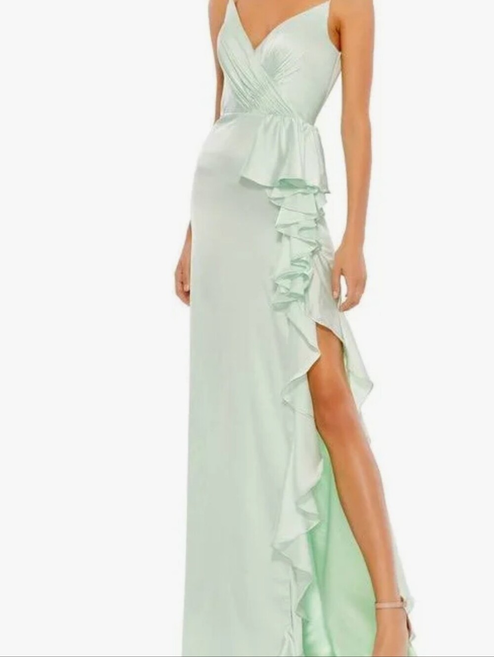 Mac Duggal Sleeveless Ruffle-Trim V-Neck Evening Gown in Pistachio